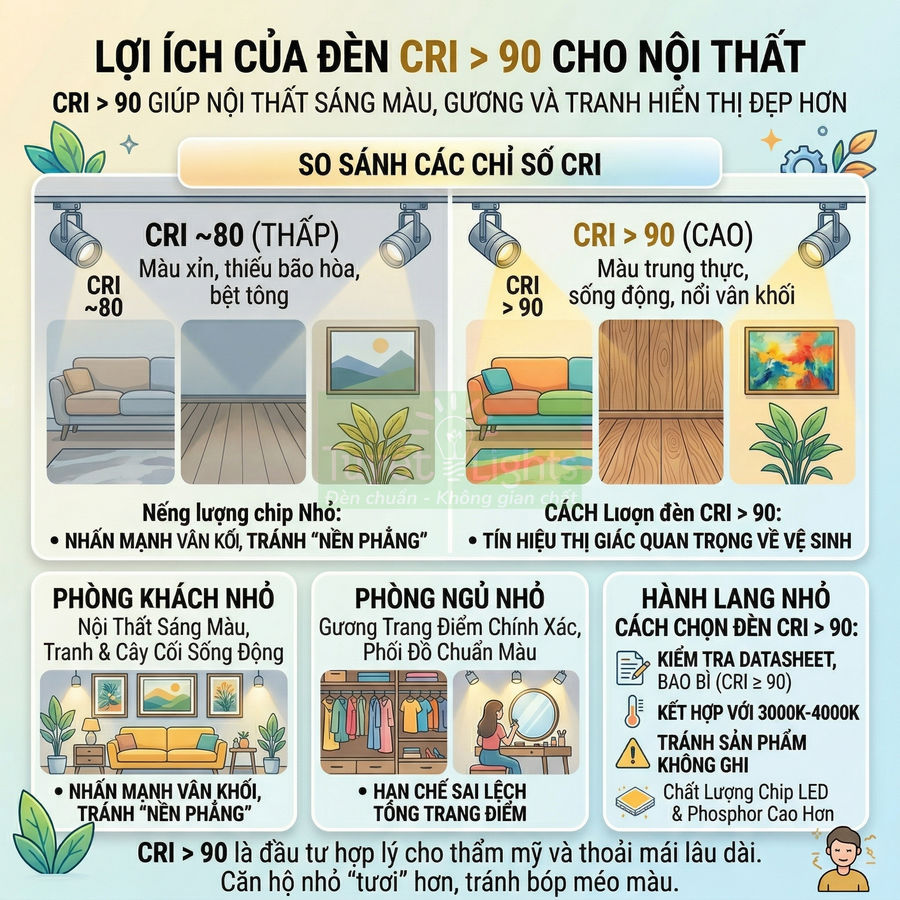 Infographic lợi ích đèn LED CRI trên 90 cho nội thất, so sánh ánh sáng CRI thấp và cao trong phòng khách, phòng ngủ, hành lang