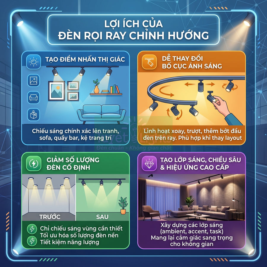 Infographic lợi ích của đèn rọi ray chỉnh hướng trong chiếu sáng nội thất phòng khách hiện đại