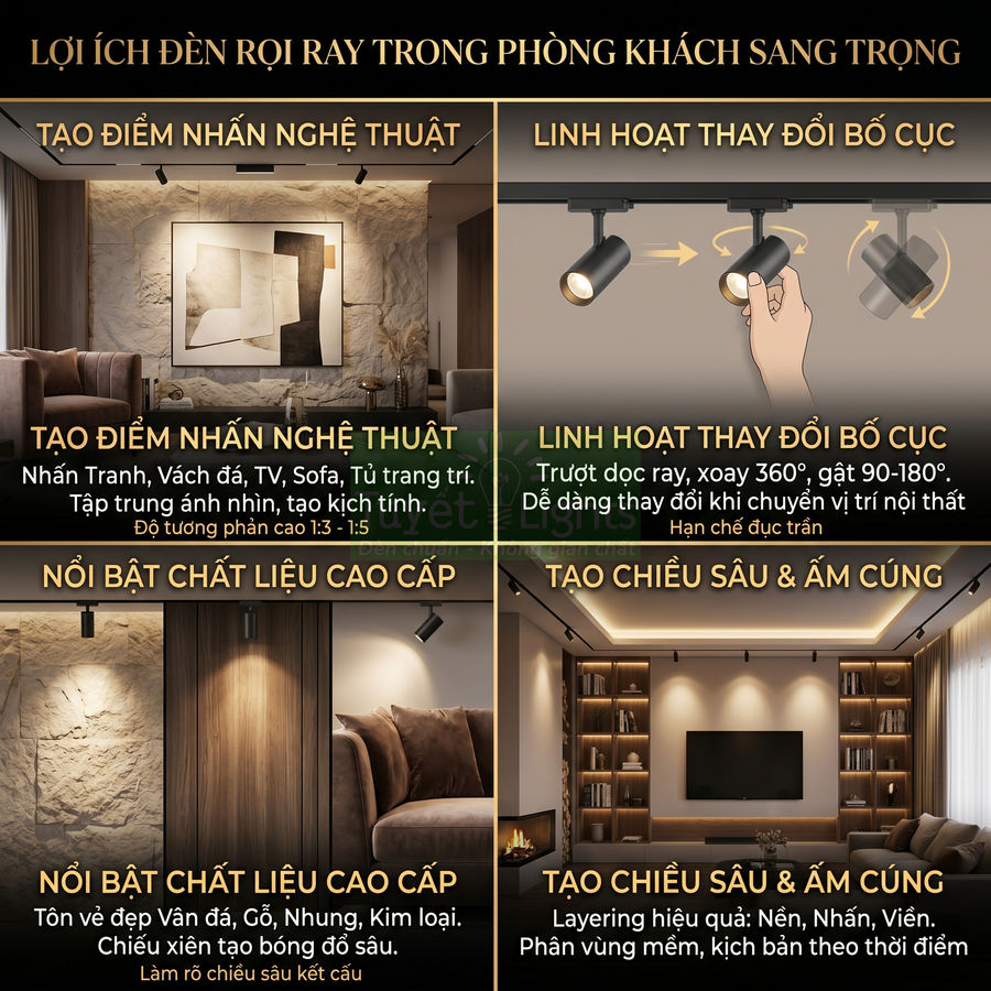 Đèn rọi ray trang trí phòng khách sang trọng, chiếu điểm tranh tường, sofa và kệ gỗ tạo chiều sâu ấm cúng