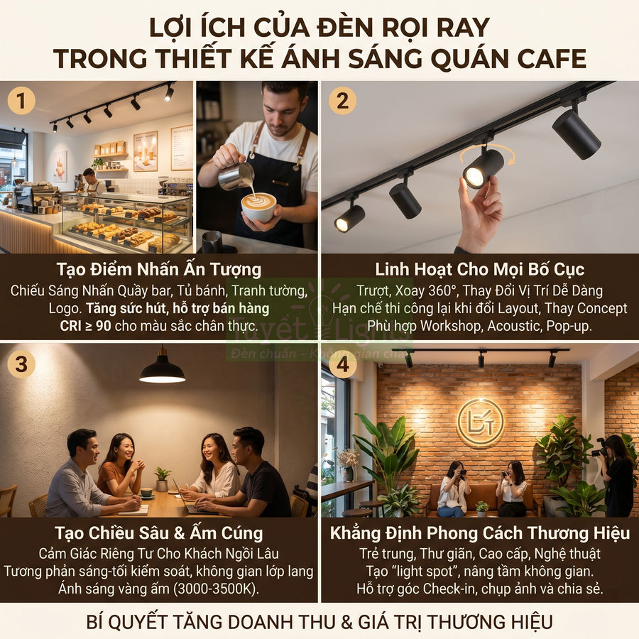 Đèn rọi ray chiếu sáng quán cafe hiện đại, tạo điểm nhấn quầy bar, bàn khách và logo thương hiệu