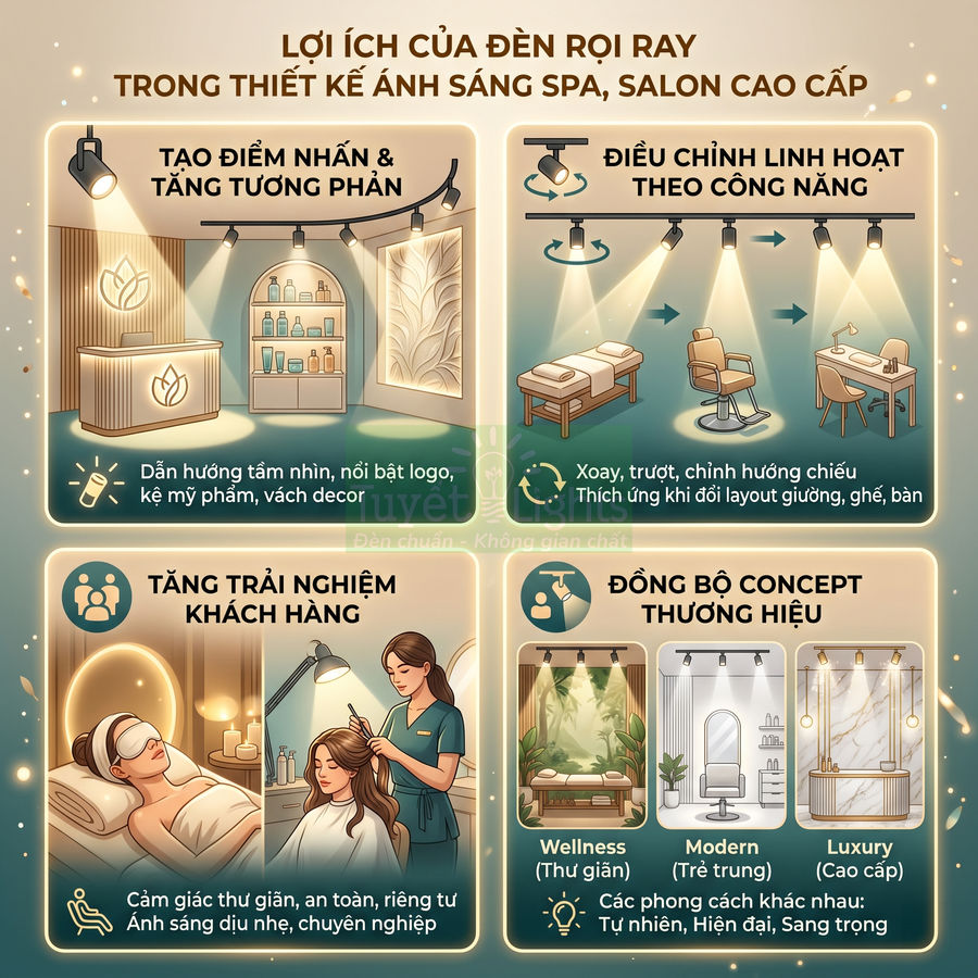 Đèn rọi ray chiếu sáng spa salon cao cấp, tạo điểm nhấn không gian và tăng trải nghiệm khách hàng
