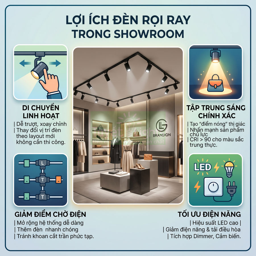 Đèn rọi ray LED chiếu sáng showroom thời trang, làm nổi bật quần áo và túi xách trưng bày