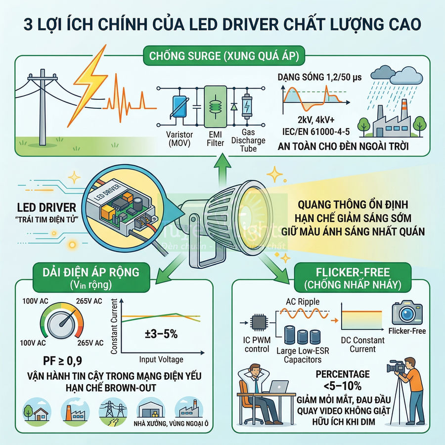 Infographic lợi ích chính của led driver chất lượng cao cho đèn LED chống quá áp, dải điện áp rộng, chống nhấp nháy