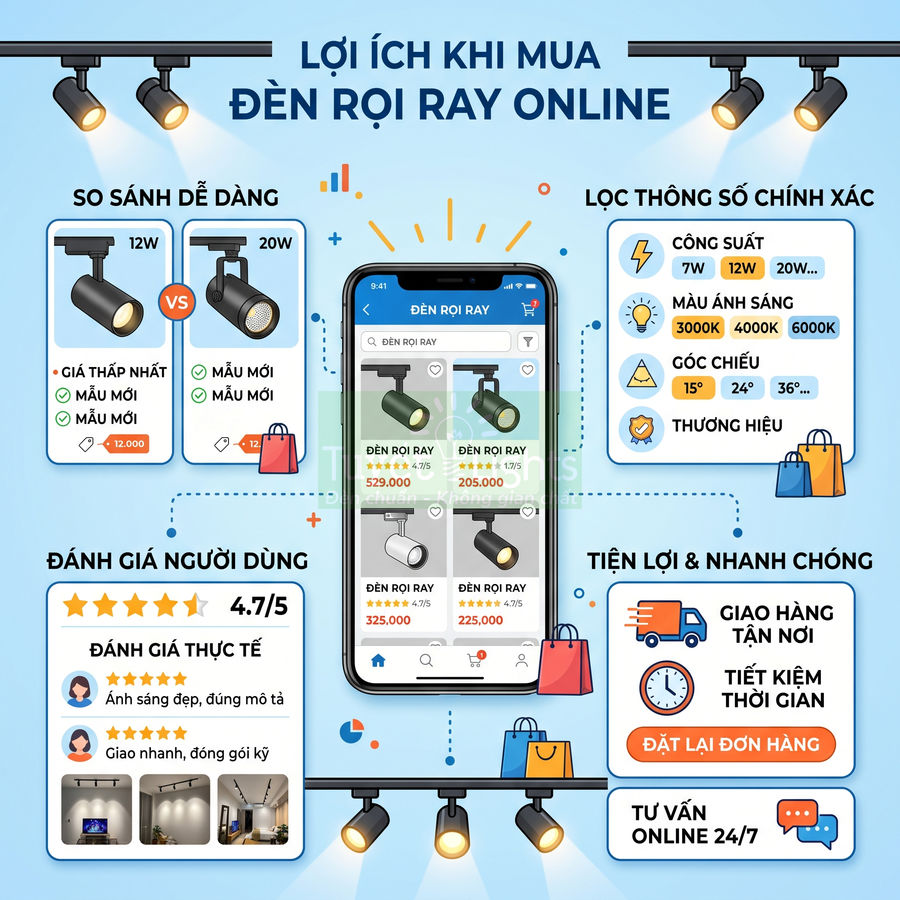 Infographic lợi ích mua đèn rọi ray online, so sánh mẫu, lọc thông số, đánh giá người dùng và đặt hàng trên điện thoại