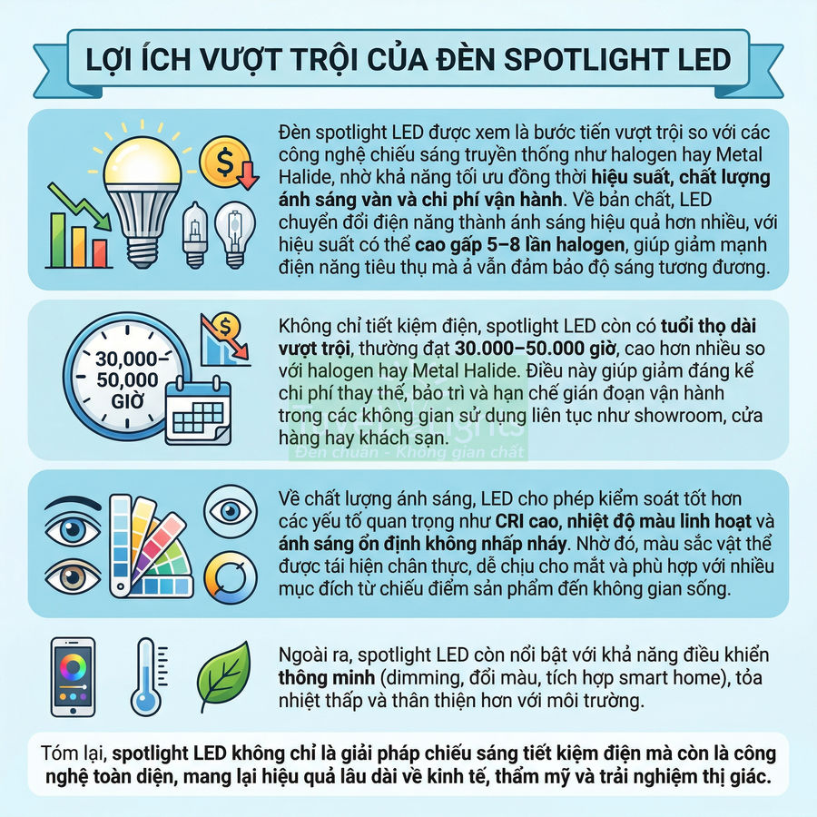Đèn spotlight LED có ưu điểm gì so với công nghệ cũ