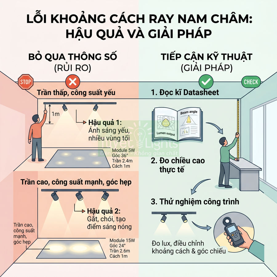 Infographic hướng dẫn chọn khoảng cách ray nam châm và công suất đèn để tránh vùng tối và điểm sáng gắt