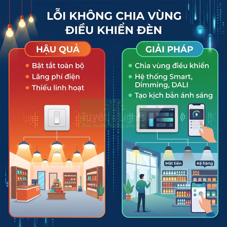 Giải pháp chia vùng điều khiển đèn thông minh cho cửa hàng, so sánh công tắc thường và hệ thống Smart Dimming DALI