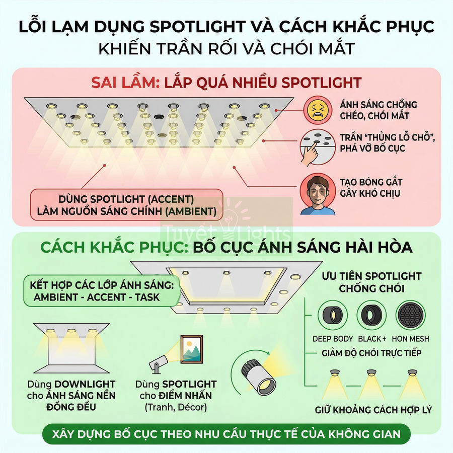 Infographic hướng dẫn bố trí đèn spotlight và downlight chống chói cho trần nhà, so sánh lắp sai và cách khắc phục