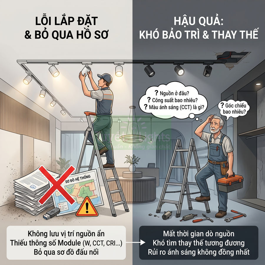 Thợ điện lắp đặt và bảo trì hệ thống đèn rọi ray trong nhà, minh họa hậu quả khi bỏ qua hồ sơ kỹ thuật