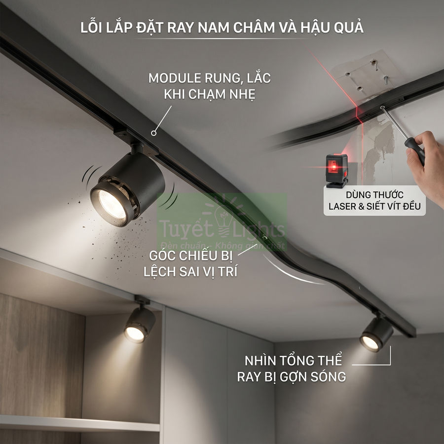 Lỗi lắp đặt ray nam châm khiến đèn rọi trần bị lệch góc chiếu và thanh ray cong gợn sóng