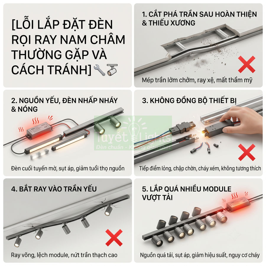 Các lỗi lắp đặt đèn rọi ray nam châm và cách tránh để hệ thống chiếu sáng an toàn, bền đẹp