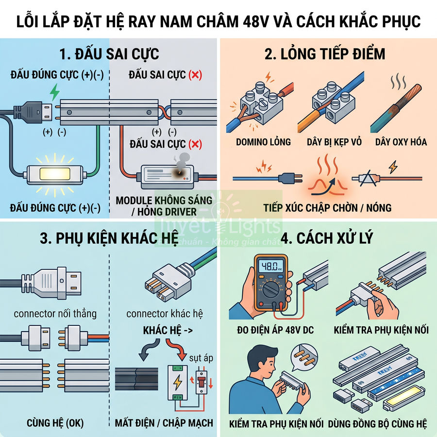 Hướng dẫn lỗi lắp đặt và cách khắc phục hệ ray nam châm đèn LED 48V với hình minh họa chi tiết