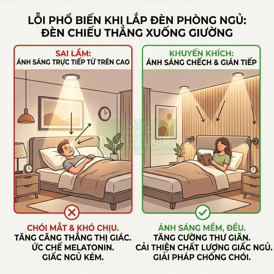 So sánh cách lắp đèn phòng ngủ chiếu thẳng xuống giường và đèn chiếu gián tiếp giúp ngủ ngon hơn
