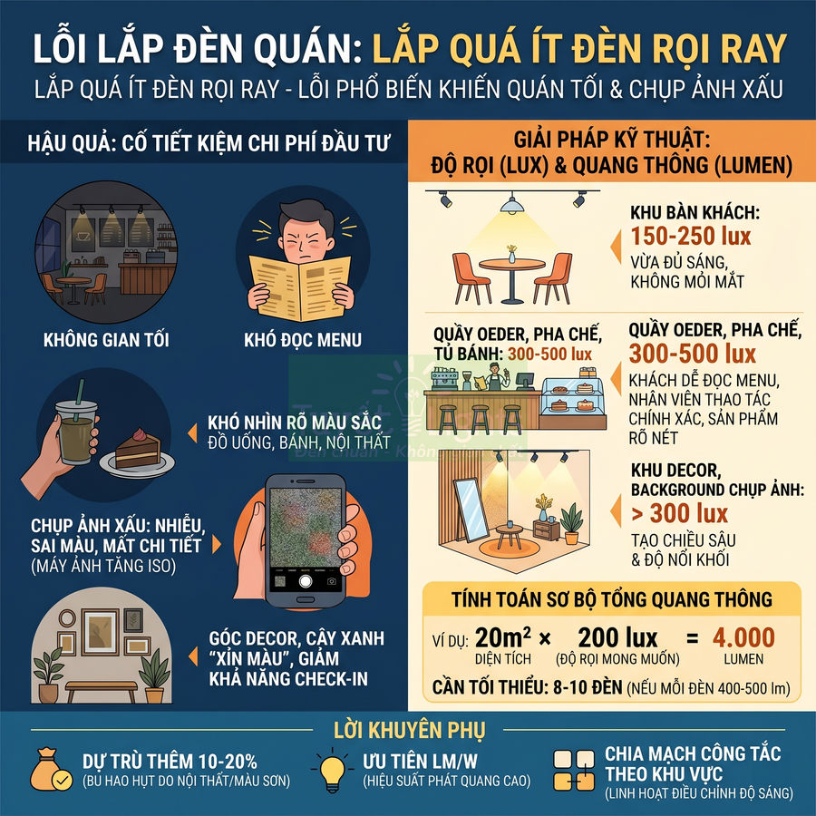 Infographic hướng dẫn lắp đèn rọi ray cho quán cà phê với độ rọi lux phù hợp từng khu vực