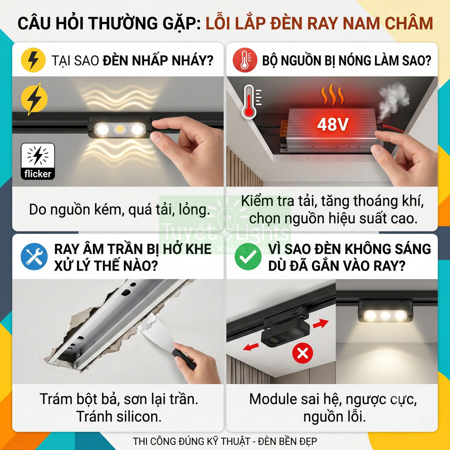 Hướng dẫn xử lý lỗi lắp đèn ray nam châm, đèn nhấp nháy, nguồn nóng, ray âm trần hở khe và đèn không sáng