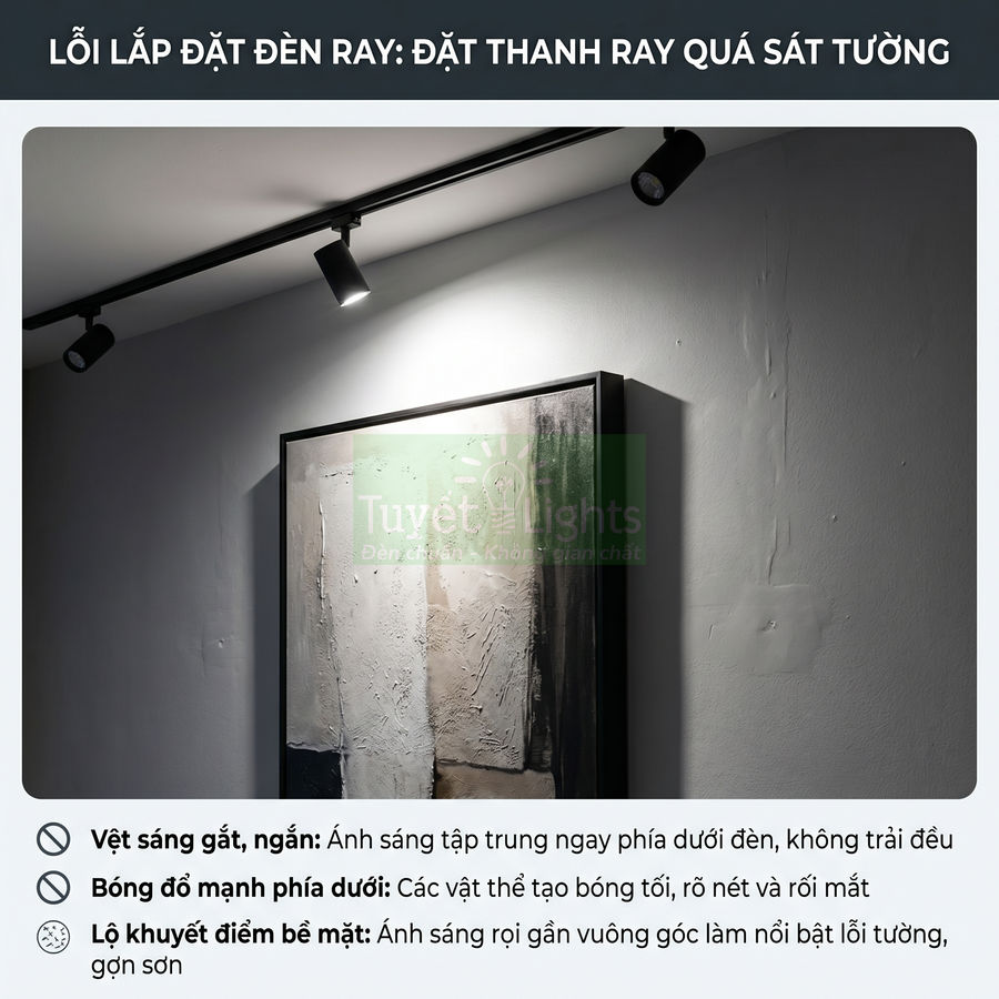 Đèn ray chiếu tranh lắp sát tường tạo vệt sáng gắt và bóng đổ mạnh trên bức tường phòng khách