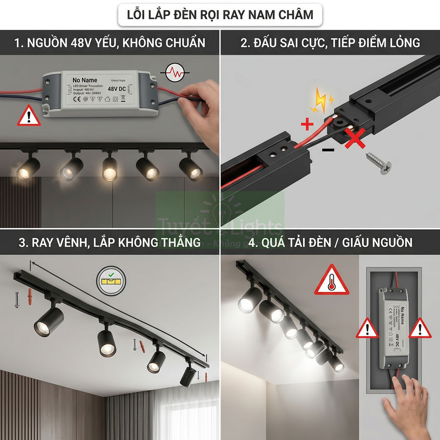 Các lỗi thường gặp khi lắp đèn rọi ray nam châm và bộ nguồn 48V trên trần nhà