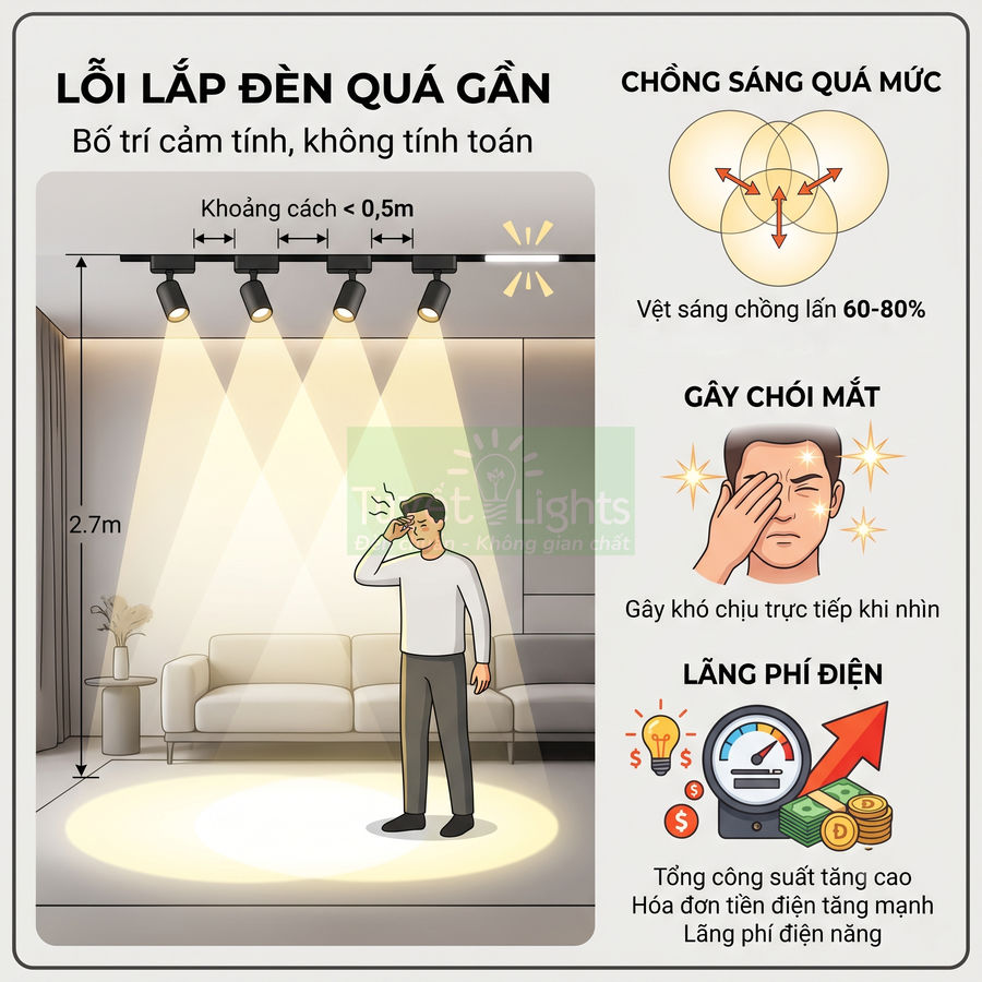 Minh họa lỗi lắp đèn rọi trần quá gần gây chói mắt, chồng sáng lớn và lãng phí điện trong phòng khách