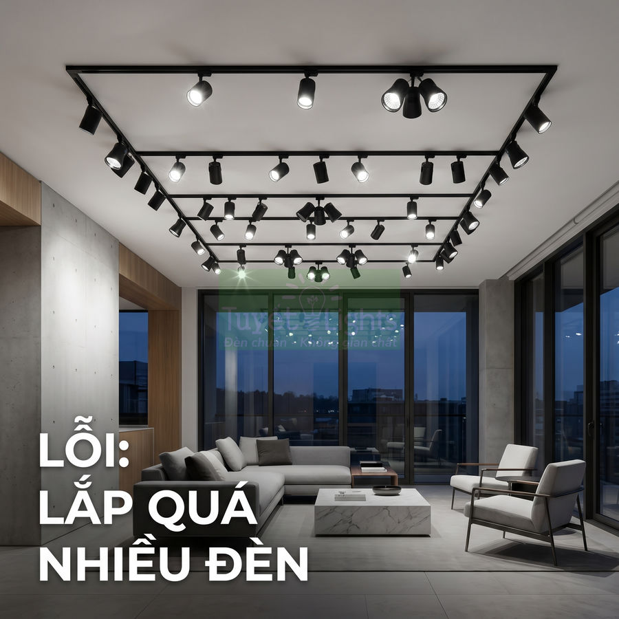 Phòng khách hiện đại lắp quá nhiều đèn rọi ray trần màu đen chiếu sáng khu vực sofa và bàn trà