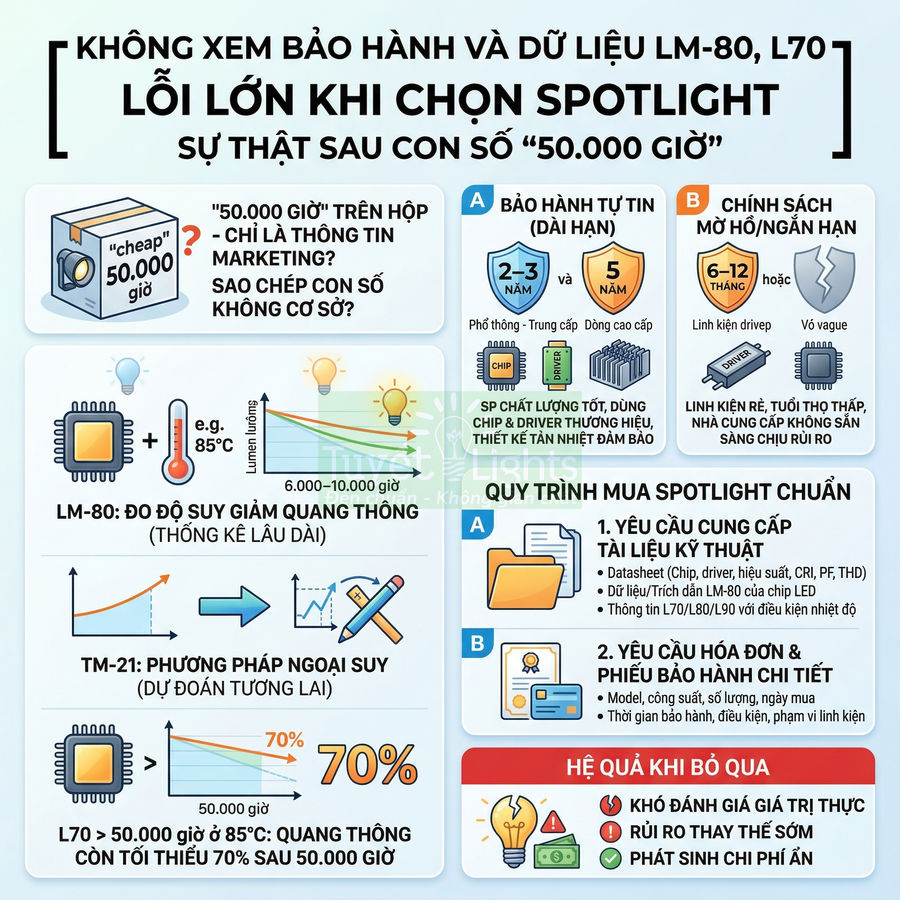 Infographic hướng dẫn chọn đèn spotlight LED, giải thích dữ liệu LM80 L70 và cảnh báo rủi ro khi chỉ tin vào tuổi thọ 50.000 giờ