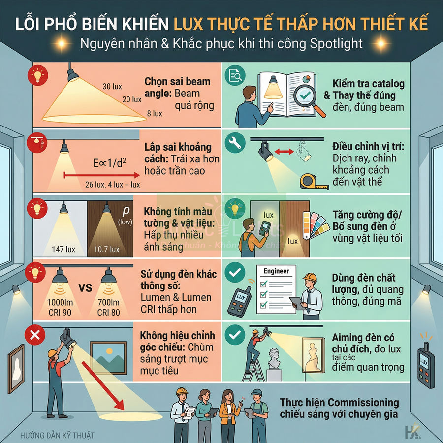 Infographic hướng dẫn xử lý lỗi khiến độ rọi lux thực tế thấp hơn thiết kế khi thi công đèn spotlight