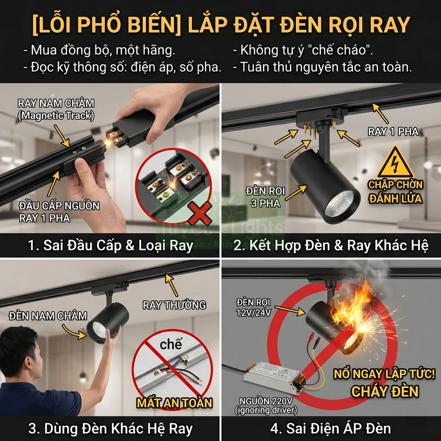 Hướng dẫn các lỗi phổ biến khi lắp đặt đèn rọi ray nam châm và cảnh báo cháy nổ khi đấu sai