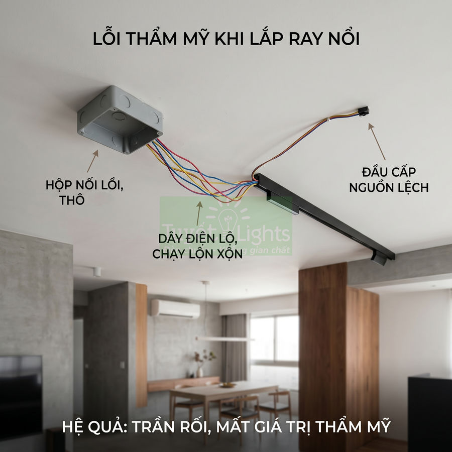 Lỗi thẩm mỹ khi lắp ray nổi đèn trần với hộp nối lộ, dây điện lộn xộn trong phòng khách hiện đại