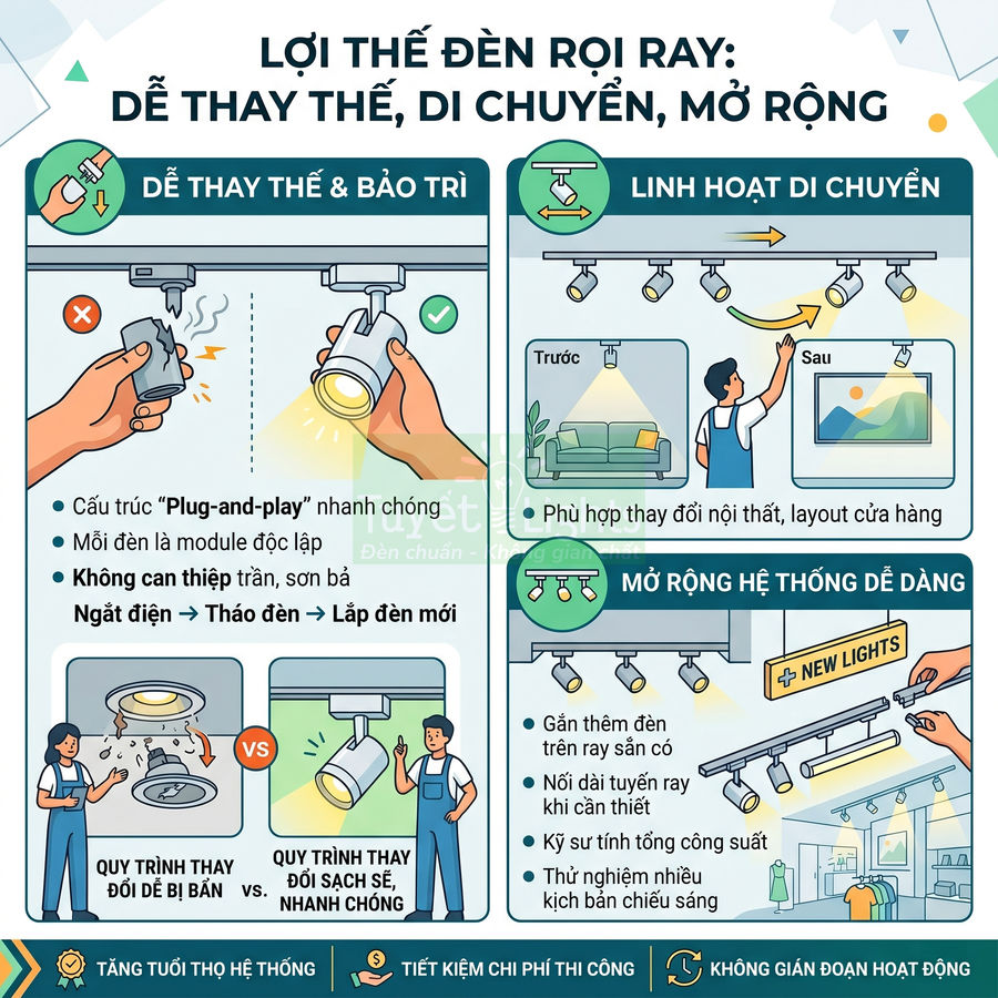 Infographic lợi ích đèn rọi ray: dễ thay thế, di chuyển linh hoạt và mở rộng hệ thống chiếu sáng nội thất