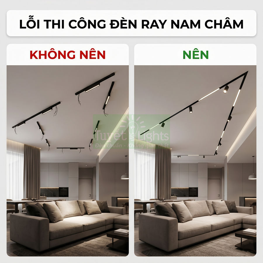 So sánh cách lắp đặt đèn ray nam châm trong phòng khách hiện đại với sofa và bếp liền kề