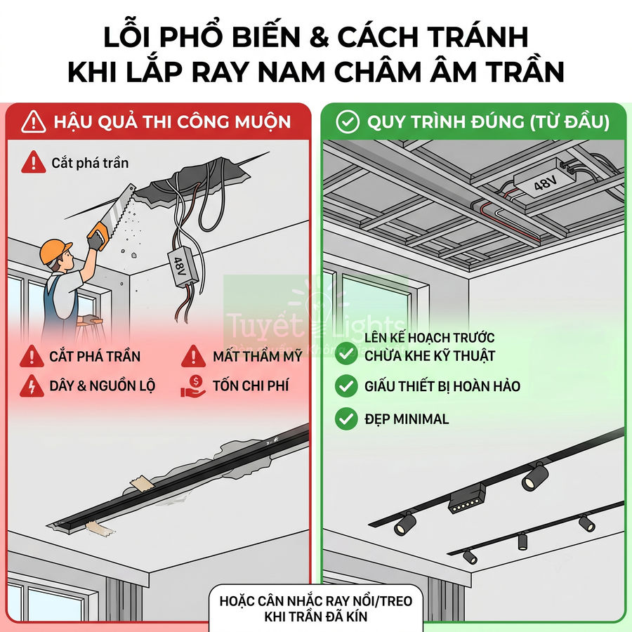 Hướng dẫn lắp đặt ray đèn nam châm âm trần đúng quy trình và tránh lỗi cắt phá trần, lộ dây nguồn