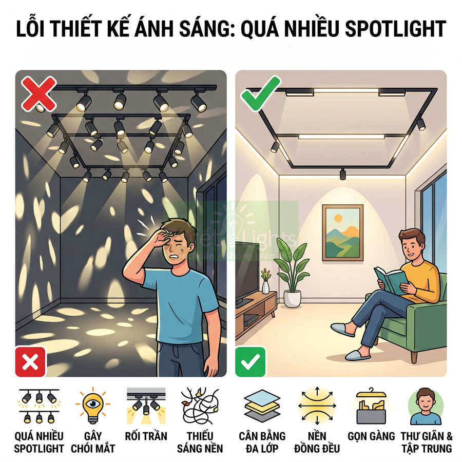 So sánh phòng dùng quá nhiều đèn spotlight gây chói mắt với phòng dùng đèn trần bố trí hợp lý, ánh sáng dịu