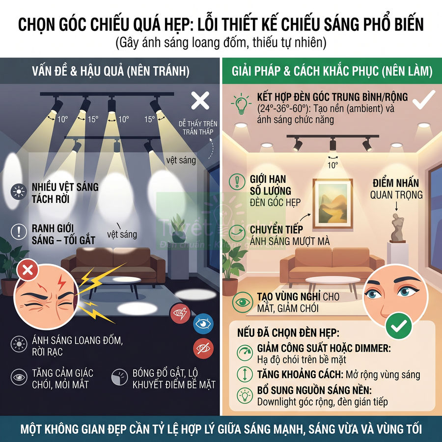 So sánh thiết kế chiếu sáng phòng khách với đèn góc hẹp gây chói và đèn góc rộng tạo ánh sáng đều, dễ chịu
