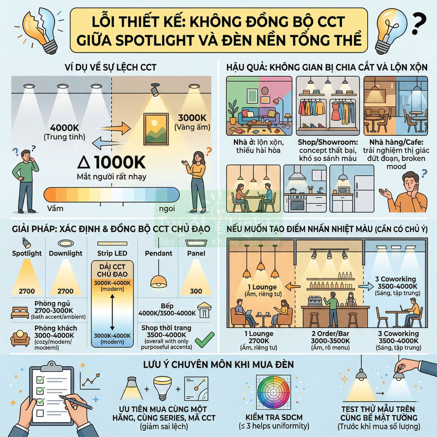 Infographic hướng dẫn chọn nhiệt độ màu CCT đồng bộ giữa spotlight và đèn nền cho nhà ở, shop, nhà hàng, coworking