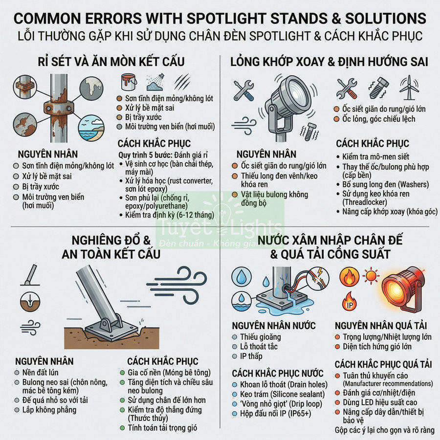Infographic lỗi thường gặp khi sử dụng chân đèn spotlight và cách khắc phục chi tiết