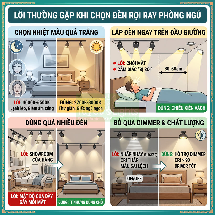 Infographic hướng dẫn chọn đèn rọi ray phòng ngủ, minh họa các lỗi thường gặp và cách bố trí đèn đúng