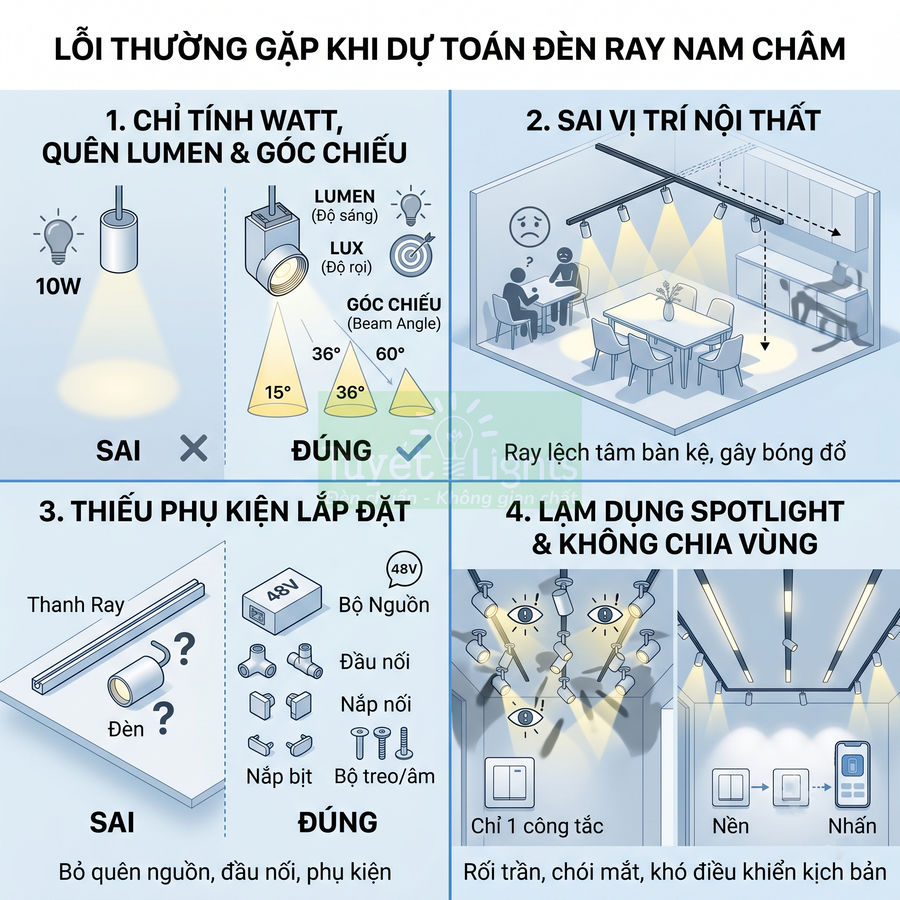 Các lỗi thường gặp khi thiết kế và lắp đặt đèn ray nam châm trong nội thất phòng ăn, phòng khách