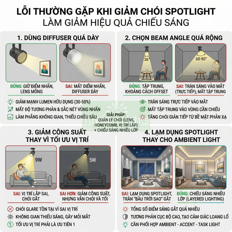 Hướng dẫn các lỗi thường gặp khi dùng đèn spotlight giảm chói và cách bố trí chiếu sáng hiệu quả trong phòng khách