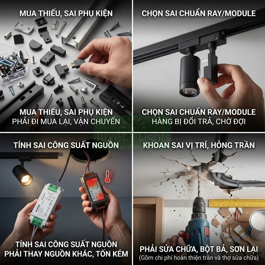 Các lỗi thường gặp khi lắp đặt đèn rọi ray: thiếu phụ kiện, chọn sai ray, tính sai nguồn, khoan hỏng trần