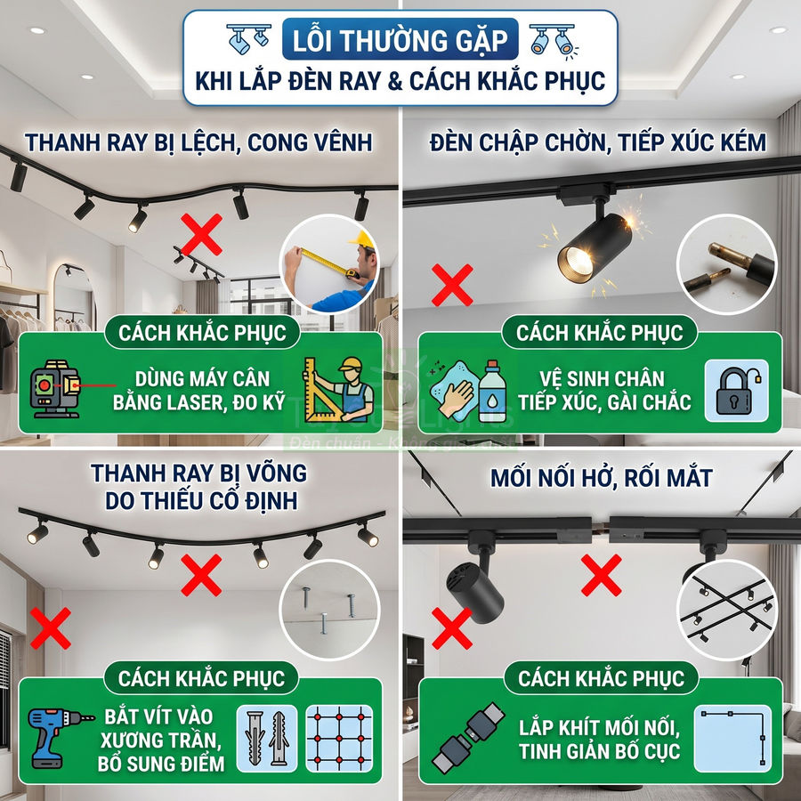 Hướng dẫn xử lý lỗi thường gặp khi lắp đặt đèn ray chiếu sáng trần nhà và cách khắc phục an toàn