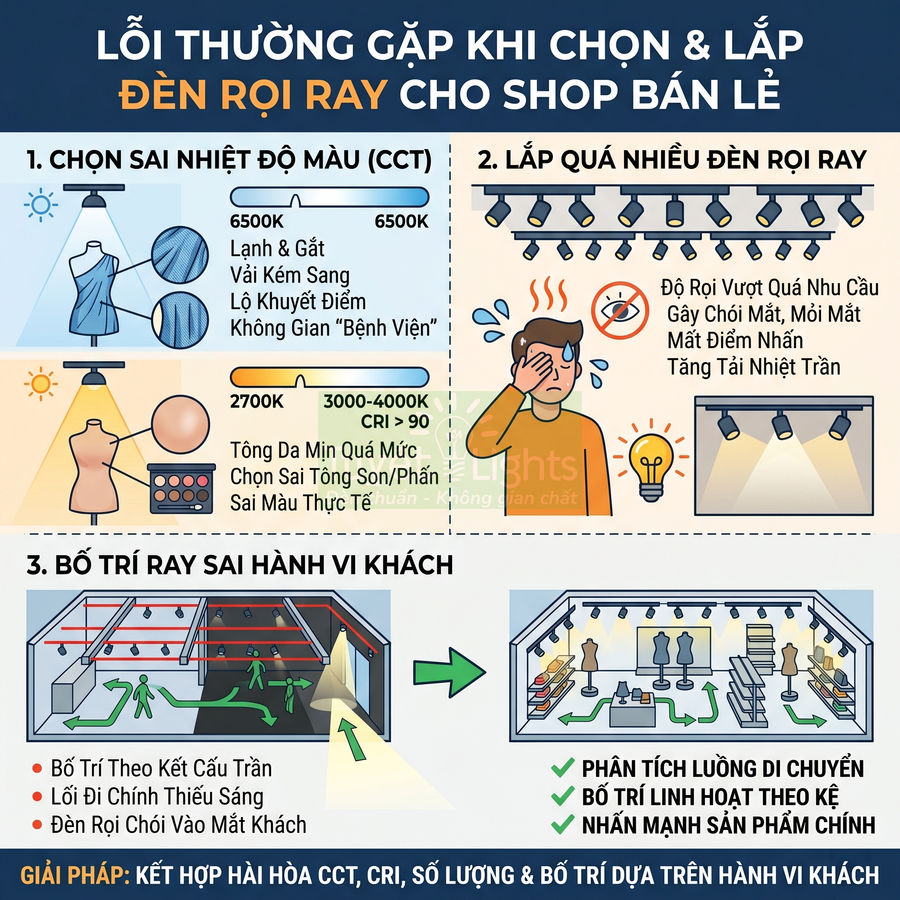 Infographic lỗi thường gặp khi chọn lắp đèn rọi ray cho shop bán lẻ và gợi ý bố trí ánh sáng chuẩn