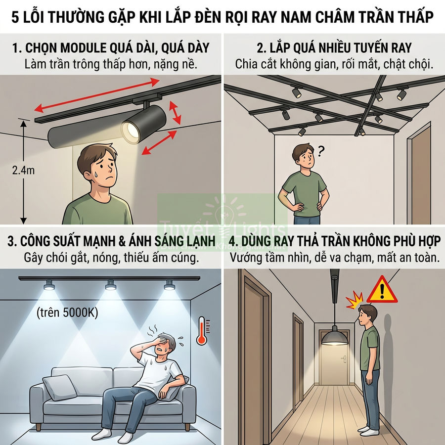 Minh họa 5 lỗi thường gặp khi lắp đèn rọi ray nam châm trần thấp trong nhà