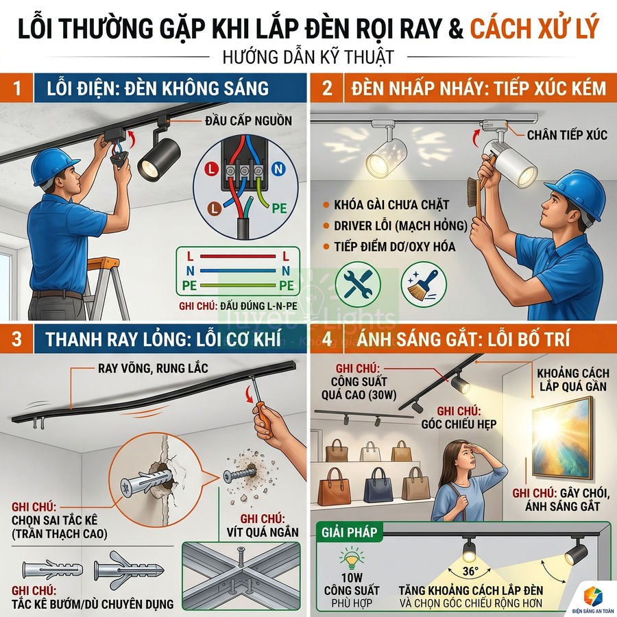 Hướng dẫn kỹ thuật xử lý lỗi thường gặp khi lắp đặt đèn rọi ray trong nhà