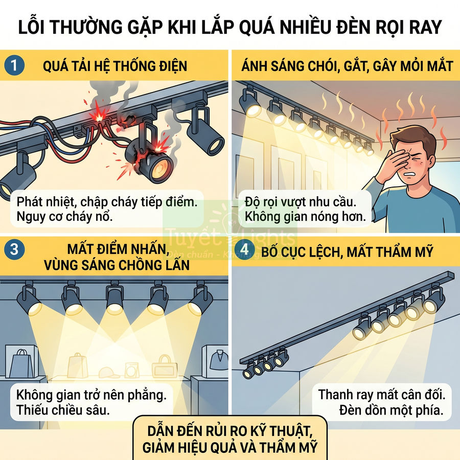 Minh họa các lỗi thường gặp khi lắp quá nhiều đèn rọi ray gây quá tải điện, chói mắt và mất thẩm mỹ