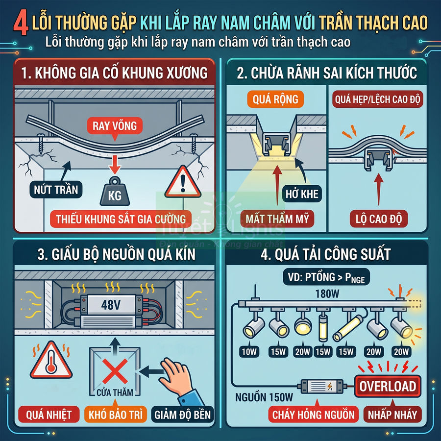 4 lỗi thường gặp khi lắp ray nam châm với trần thạch cao và hậu quả cần tránh