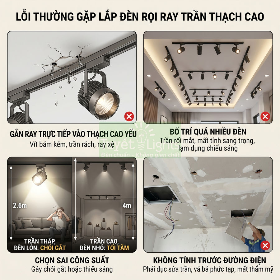 Các lỗi thường gặp khi lắp đèn rọi ray trần thạch cao và cách bố trí, chọn công suất, đi dây điện