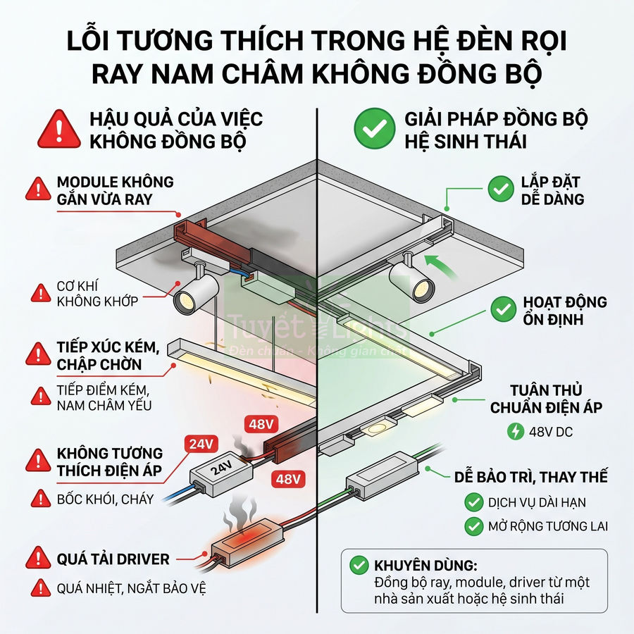 So sánh hệ đèn rọi ray nam châm không đồng bộ và giải pháp đồng bộ hệ sinh thái 48V DC