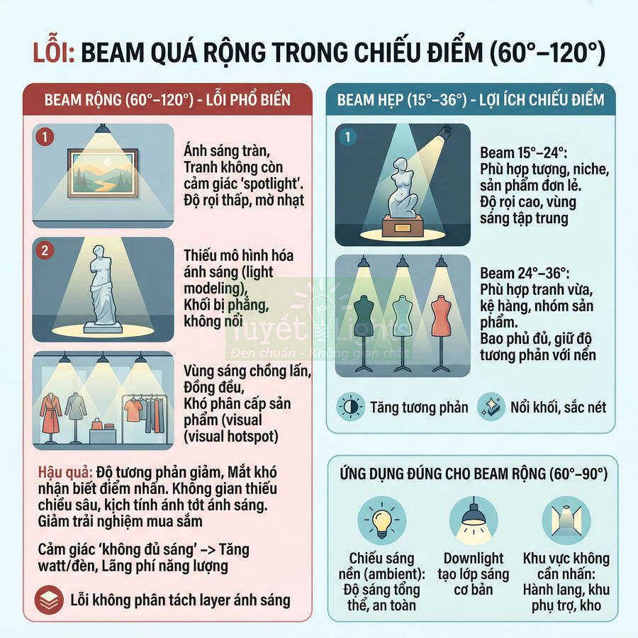 Infographic so sánh beam rộng và beam hẹp trong chiếu điểm, hướng dẫn chọn góc chiếu đèn LED cho trưng bày sản phẩm