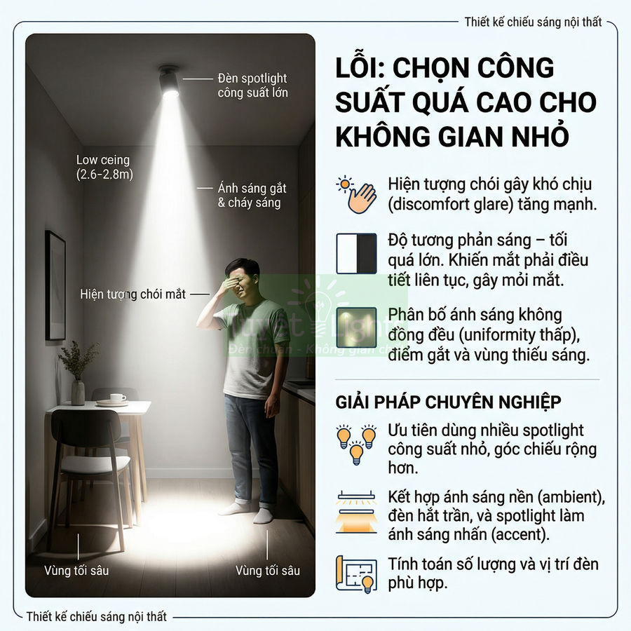 Minh họa lỗi dùng đèn spotlight công suất lớn cho phòng nhỏ gây chói mắt và vùng tối sâu trong thiết kế chiếu sáng nội thất