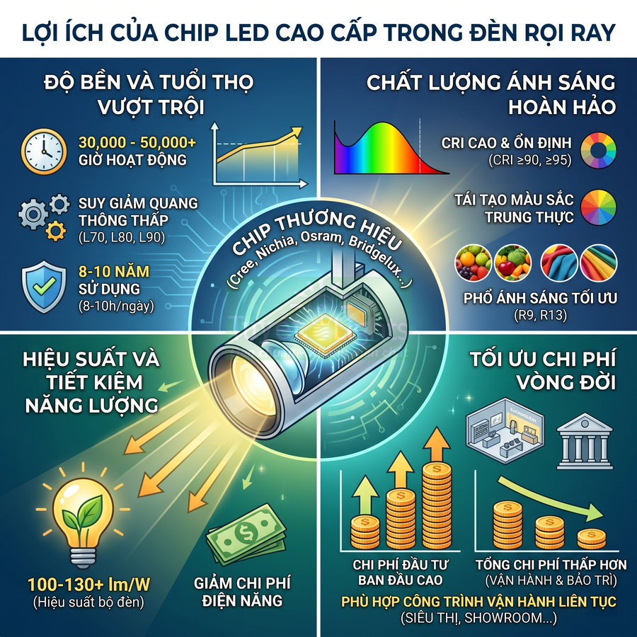 Infographic lợi ích chip LED cao cấp trong đèn rọi ray: độ bền cao, tiết kiệm điện, ánh sáng trung thực