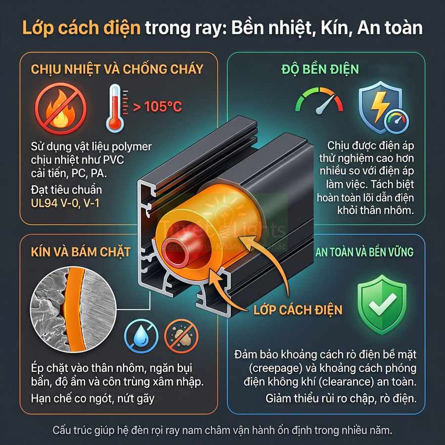 Lớp cách điện trong ray đèn LED nhôm chịu nhiệt kín bám chặt, chống cháy và an toàn điện